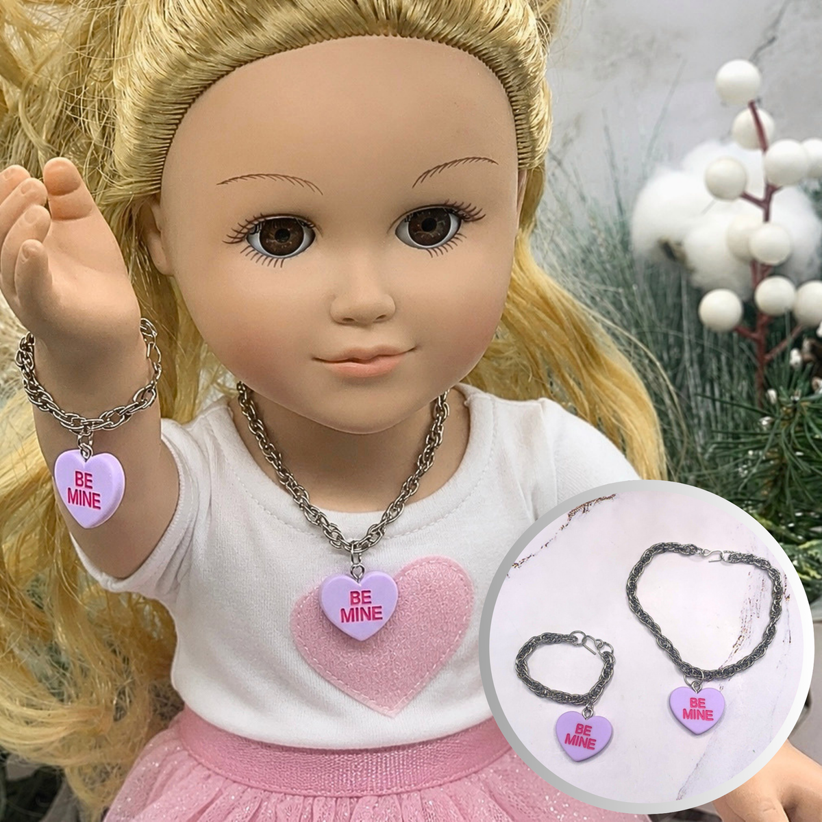 Purple Heart Charm Silver Necklace Bracelet Set • 18 inch Fashion Doll Jewelry