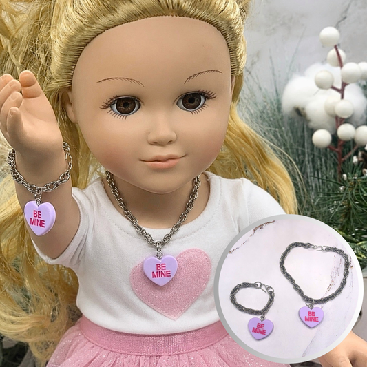 Purple Heart Charm Silver Necklace Bracelet Set • 18 inch Fashion Doll Jewelry