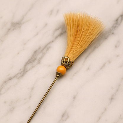 Peach Orange Fiber Tassel Broom Gold Tone Filigree • 7.25” Hatpin - Stick Pin