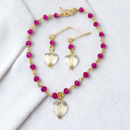 Fuchsia Pink Glass Crystal Bead Chain Clear Heart Charm Doll Necklace & Earrings • 18 Inch Fashion Doll Jewelry