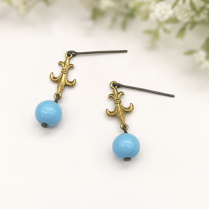 Round Blue Glass & Gold Fleur-de-lis Dangle Doll Earrings • 18” Doll Jewelry