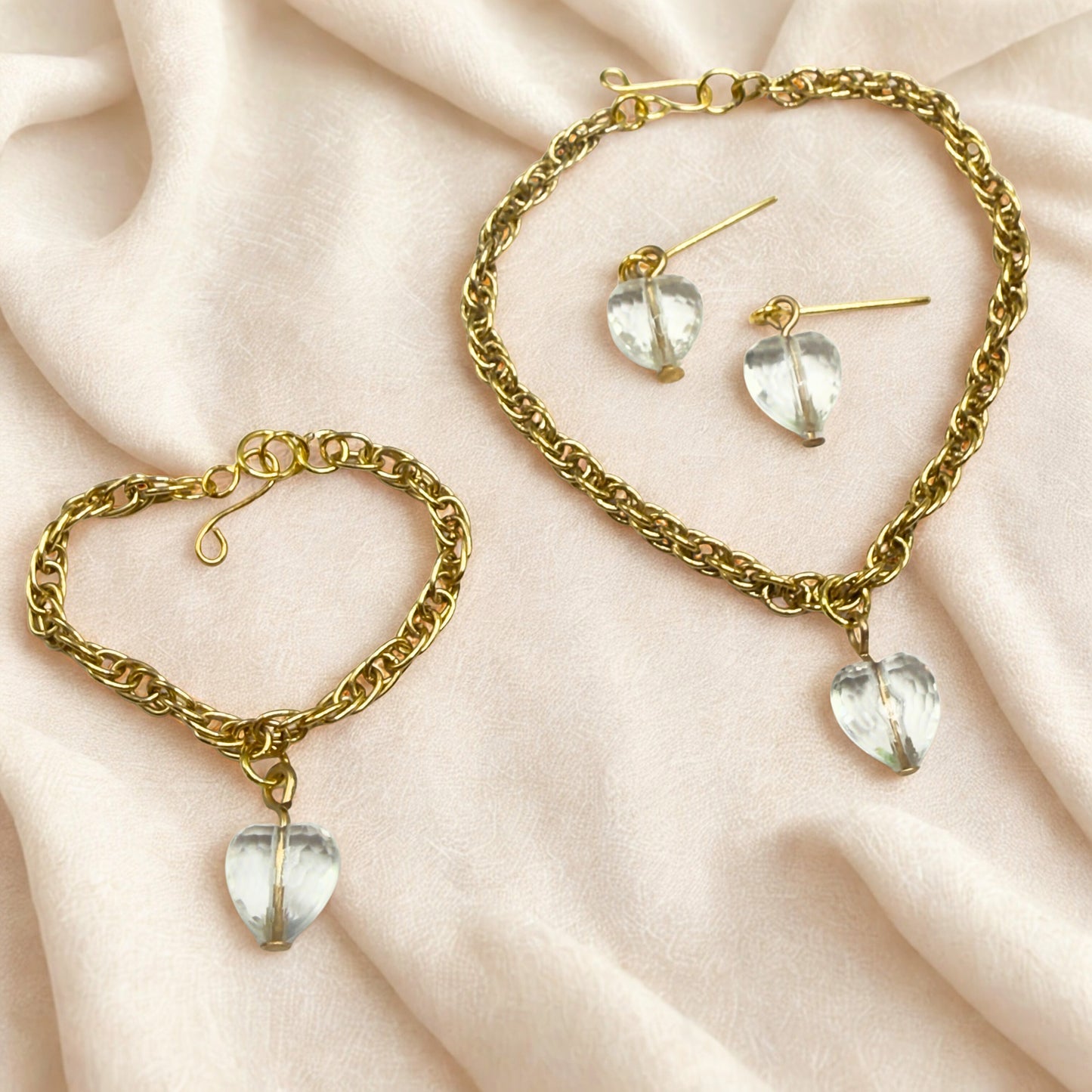 Clear Heart Charm Gold Chain Doll Necklace Bracelet & Earrings • 18 Inch Fashion Doll Jewelry