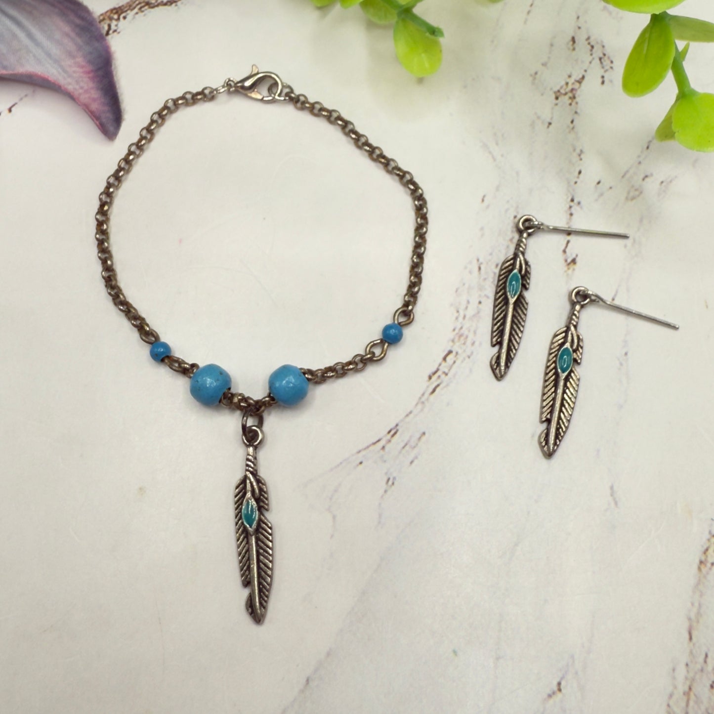 Turquoise Blue Silver Feather Dangle Charm Doll Necklace & Earrings • 18 Inch Fashion Doll Jewelry
