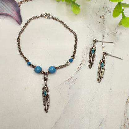 Turquoise Blue Silver Feather Dangle Charm Doll Necklace & Earrings • 18 Inch Fashion Doll Jewelry