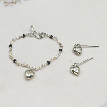 Black & Pearl Beaded Silver Heart Charm Doll Necklace & Earrings • 14 Inch Fashion Doll Jewelry