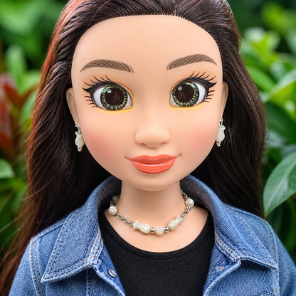 Cream Pearly Tulip Shape Beaded Doll Necklace Earring Set • 18 Inch Doll Jewelry