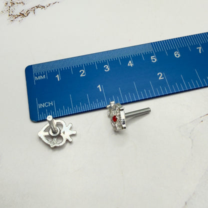 Silver Heart w/ Crown Red Rhinestone Post Doll Earrings • 2mm Post for 18 Inch Fashion Doll
