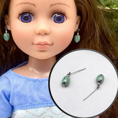 Green Enamel Swirl Silver Tone Dangle Doll Earrings · 14 Inch Doll Jewelry