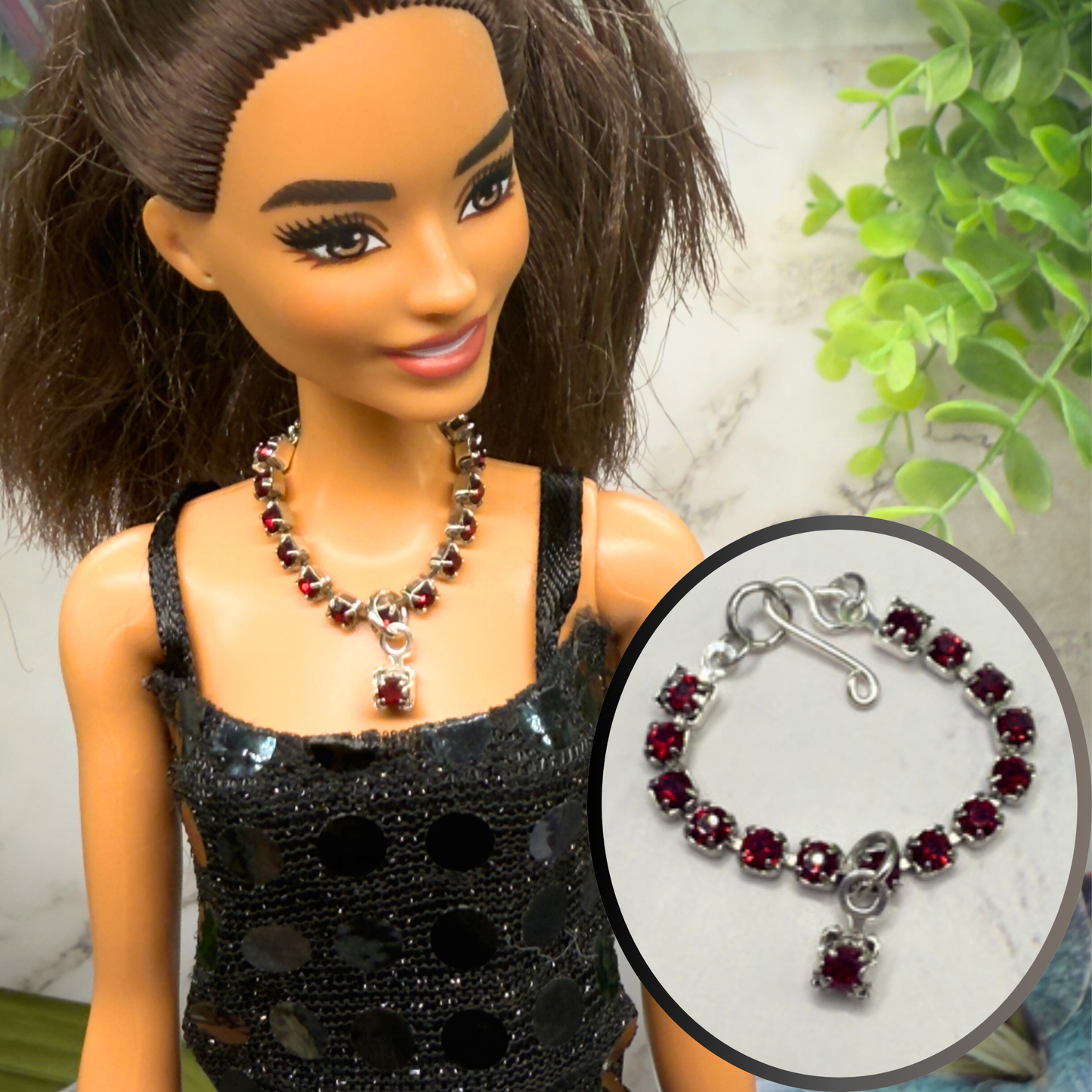 Ruby Red Rhinestone Doll Necklace • 10-12” 1:6 Fashion Doll Jewelry