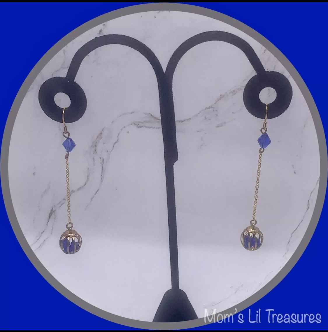 Blue Crystal and Gold Tone Chain Cage Bead Dangle Earrings - Handmade