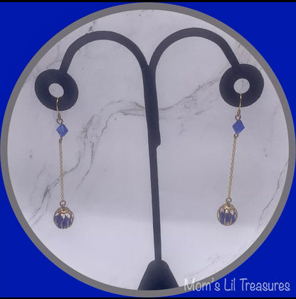 Blue Crystal and Gold Tone Chain Cage Bead Dangle Earrings - Handmade