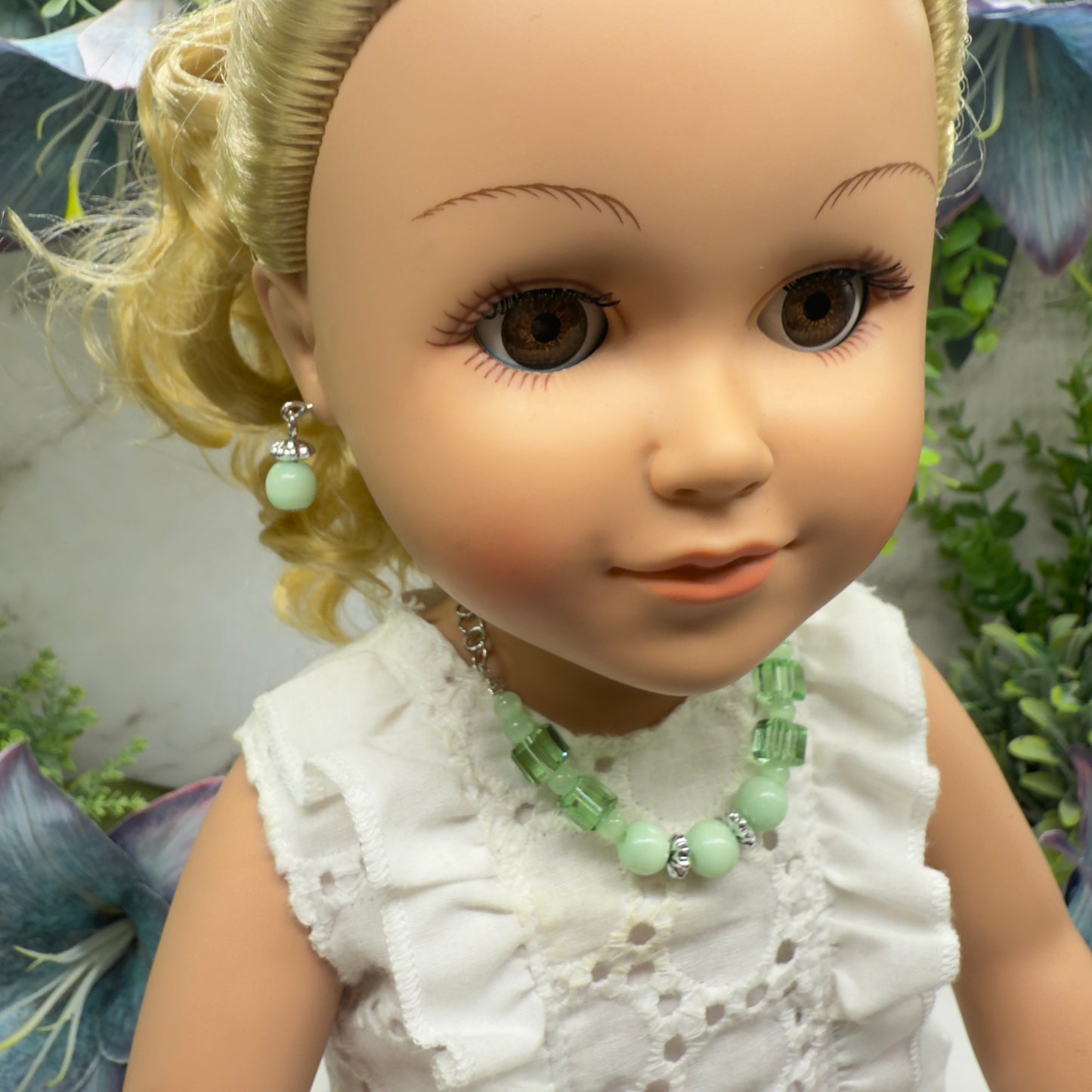 Light Green Glass Beaded Silver Chain Doll Necklace • 18 Inch Fashion Doll Jewelry