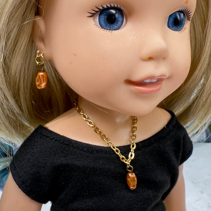 Brown Pearl Drop Gold Doll Necklace & Earrings • 14 Inch Fashion Doll Jewelry