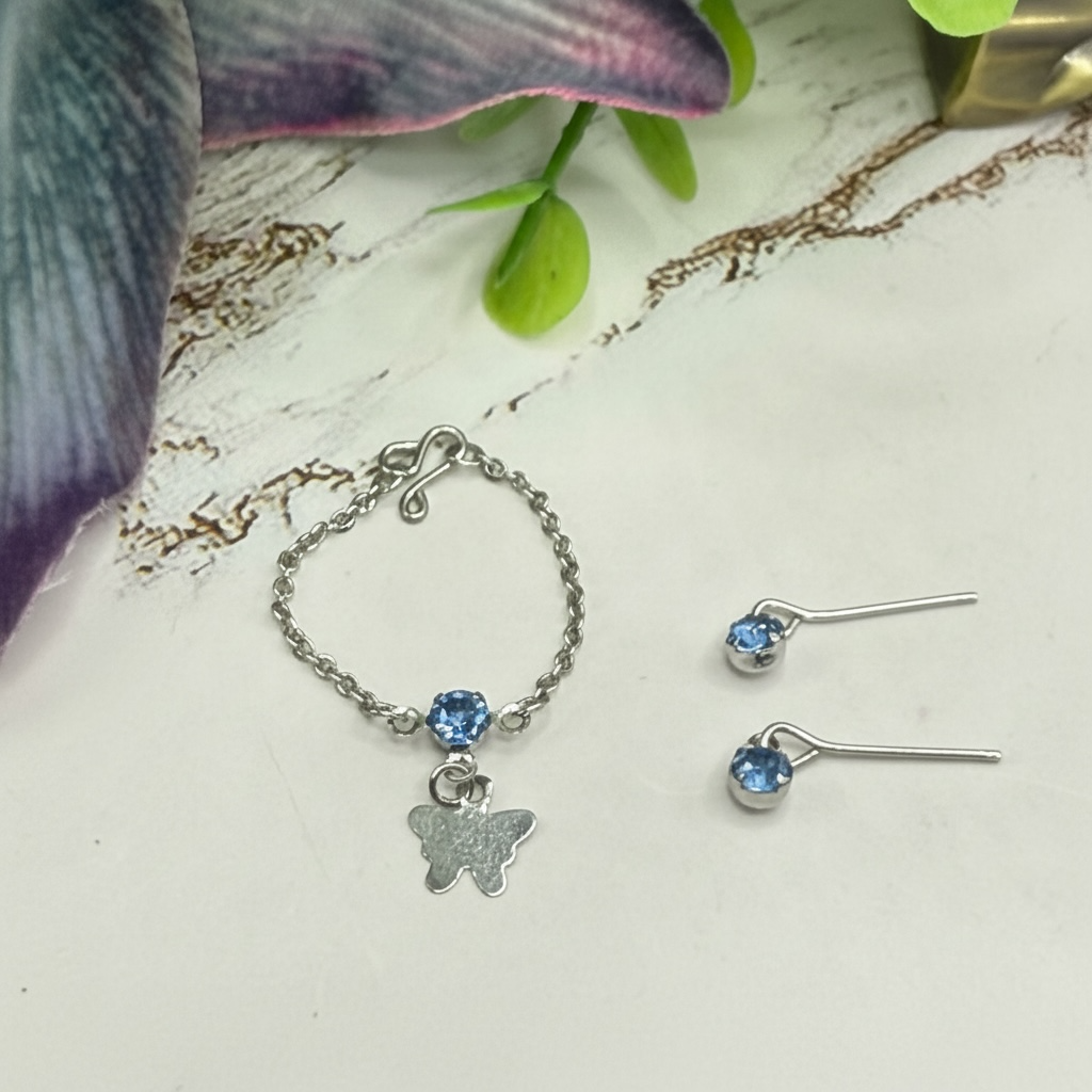 Blue Rhinestone Silver Butterfly Charm Doll Necklace & Earrings for 10-12 Inch Fashion Dolls 1:6