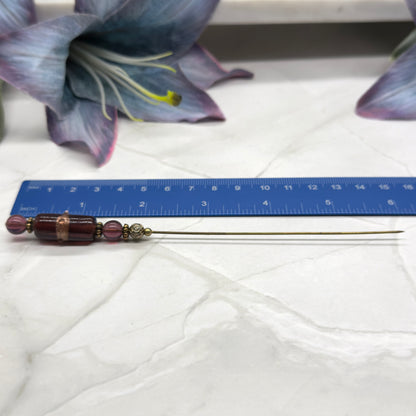 Purple Glass Gold Accent Cylinder Shaped Hatpin - Stick Pin • 6” Pin