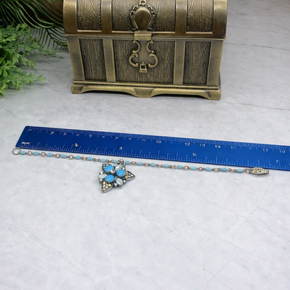 Turquoise Blue Glass Rhinestone Starburst Design Doll Necklace •18” Doll Jewelry