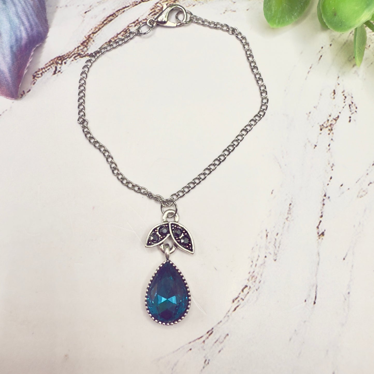 Dark Turquoise Teardrop Rhinestone Pendant Doll Necklace • 18 Inch Fashion Doll Jewelry