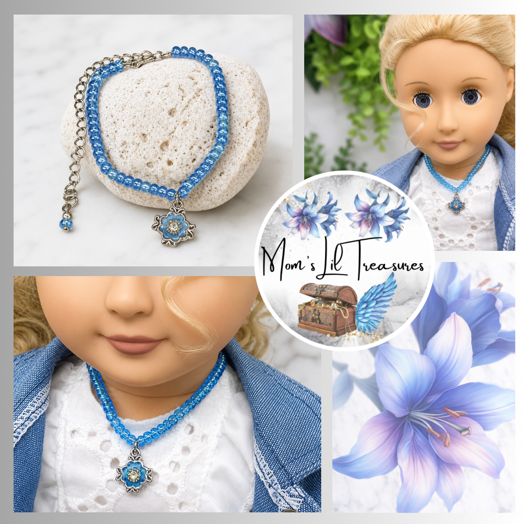 Iridescent Blue Beaded Doll Necklace W/ Pendant • 18” Fashion Doll Jewelry