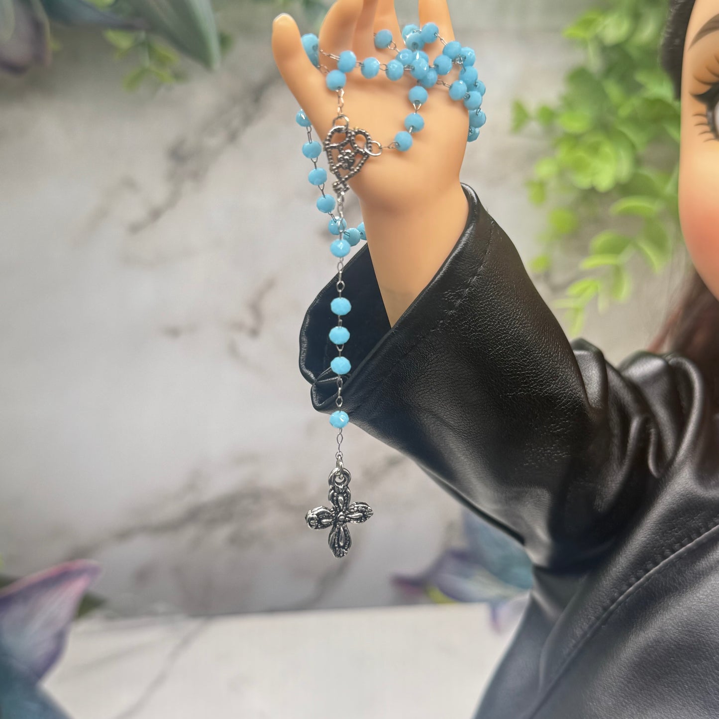 Turquoise Blue Glass Crystal Beaded Silver Chain & Cross • Doll Size Catholic Rosary for 18-22” Fashion or Vintage Dolls
