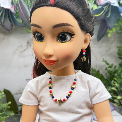 Red White Blue Beaded Americana Gold Star Heart Doll Necklace & Earrings Set for 18 Inch Fashion Doll