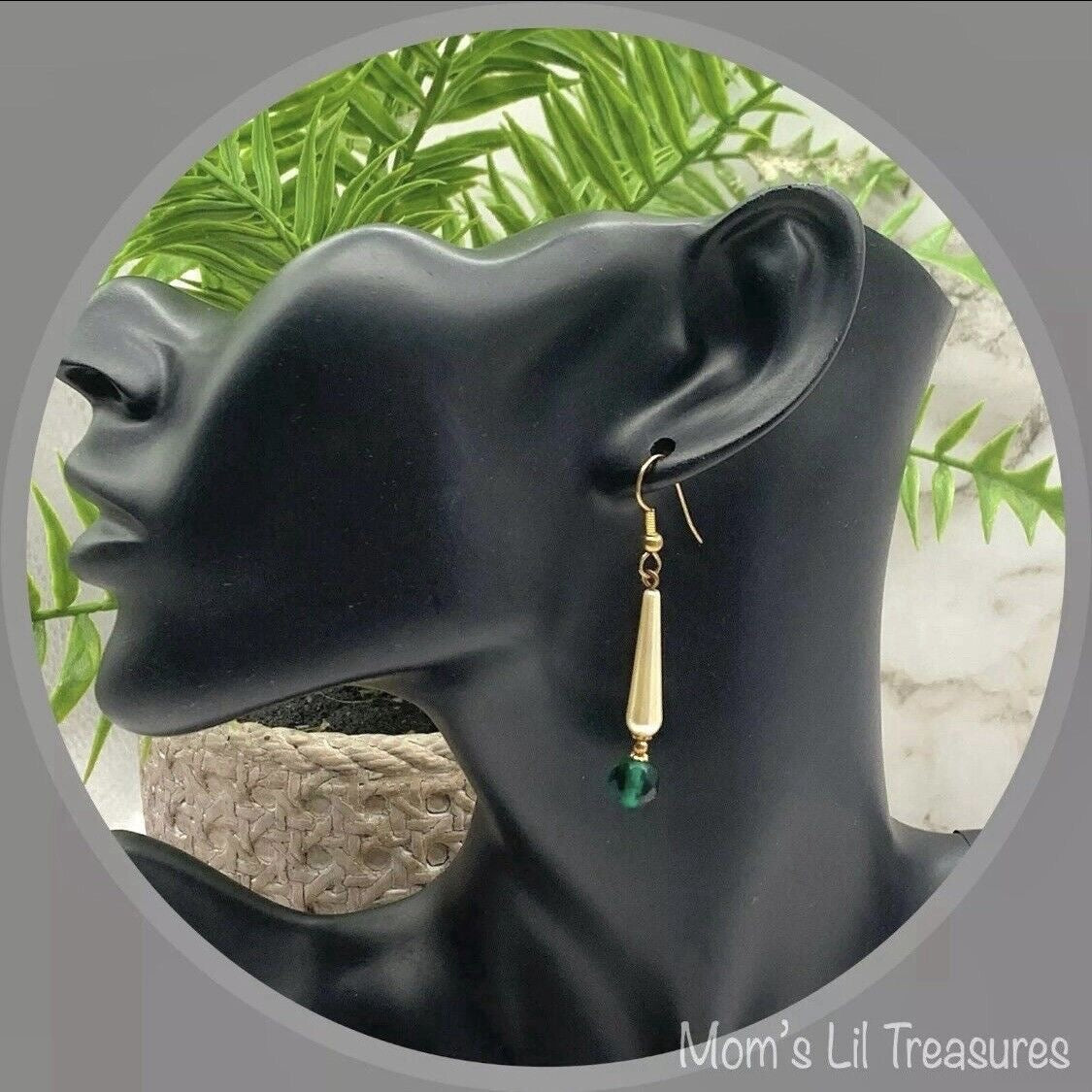 Elongated Teardrop Pearl & Green Glass Crystal Dangle Earrings • Handmade