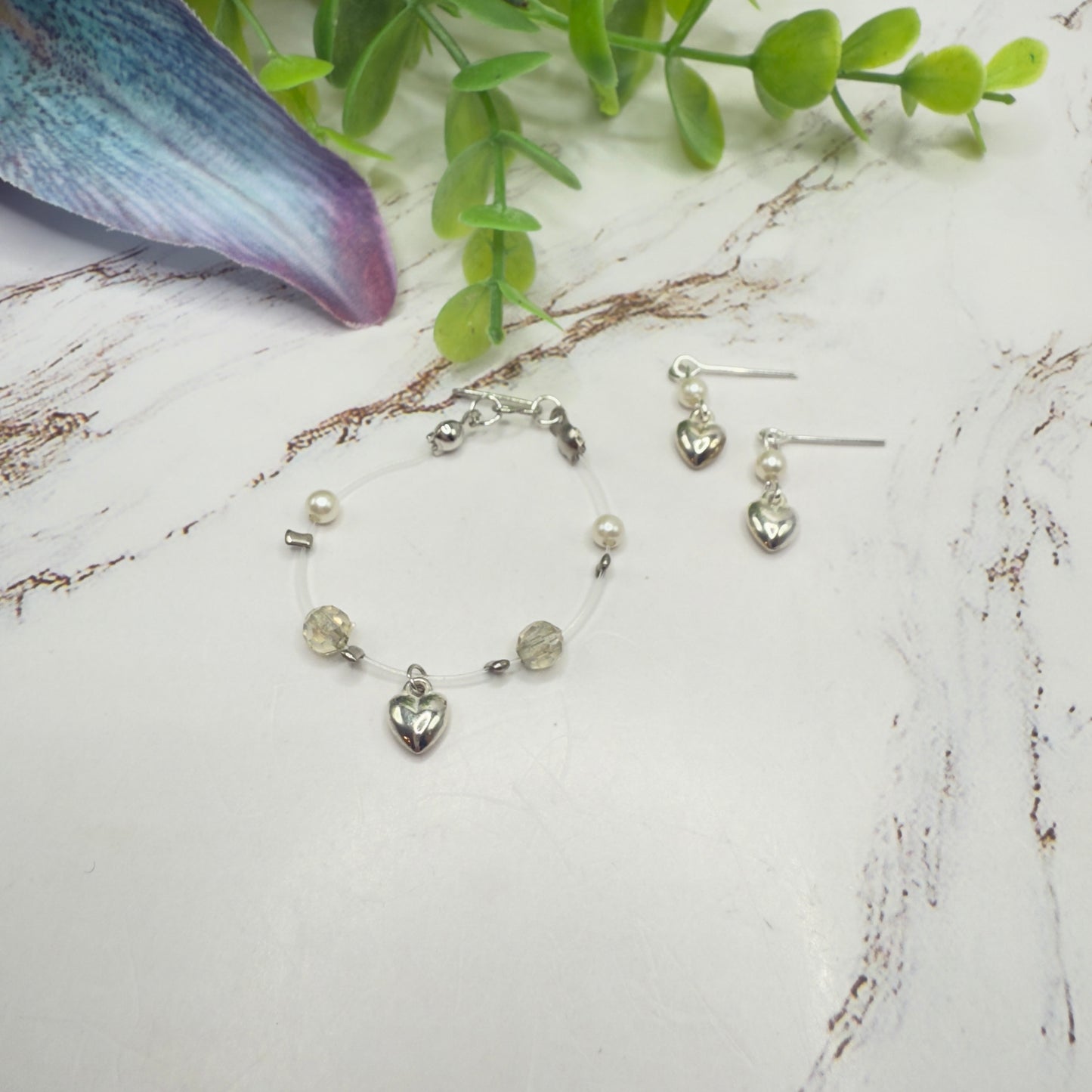 Silver Heart Charm Nylon String Pearl & Acrylic Crystal Necklace & Earrings • 14 Inch Fashion Doll Jewelry