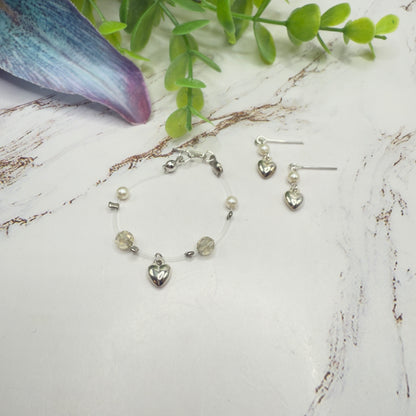 Silver Heart Charm Nylon String Pearl & Acrylic Crystal Necklace & Earrings • 14 Inch Fashion Doll Jewelry
