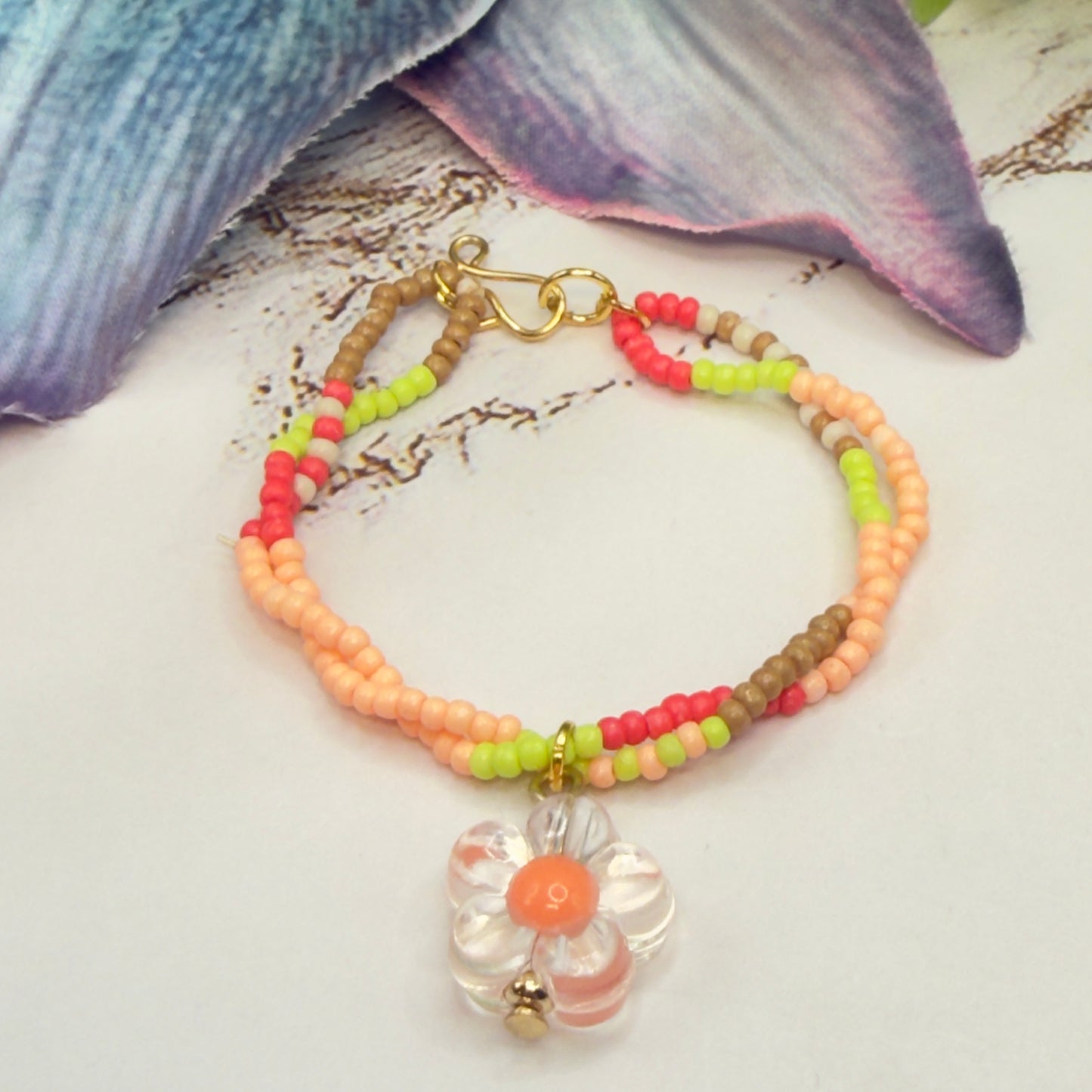 Clear Flower Charm Pink Green Coral Brown Beaded Doll Necklace • 14 Inch Fashion Doll Jewelry