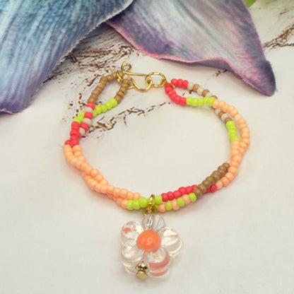 Clear Flower Charm Pink Green Coral Brown Beaded Doll Necklace • 14 Inch Fashion Doll Jewelry