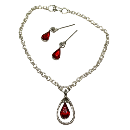 Red Teardrop Rhinestone Necklace & Earrings Set • 18” Fashion Doll Jewelry