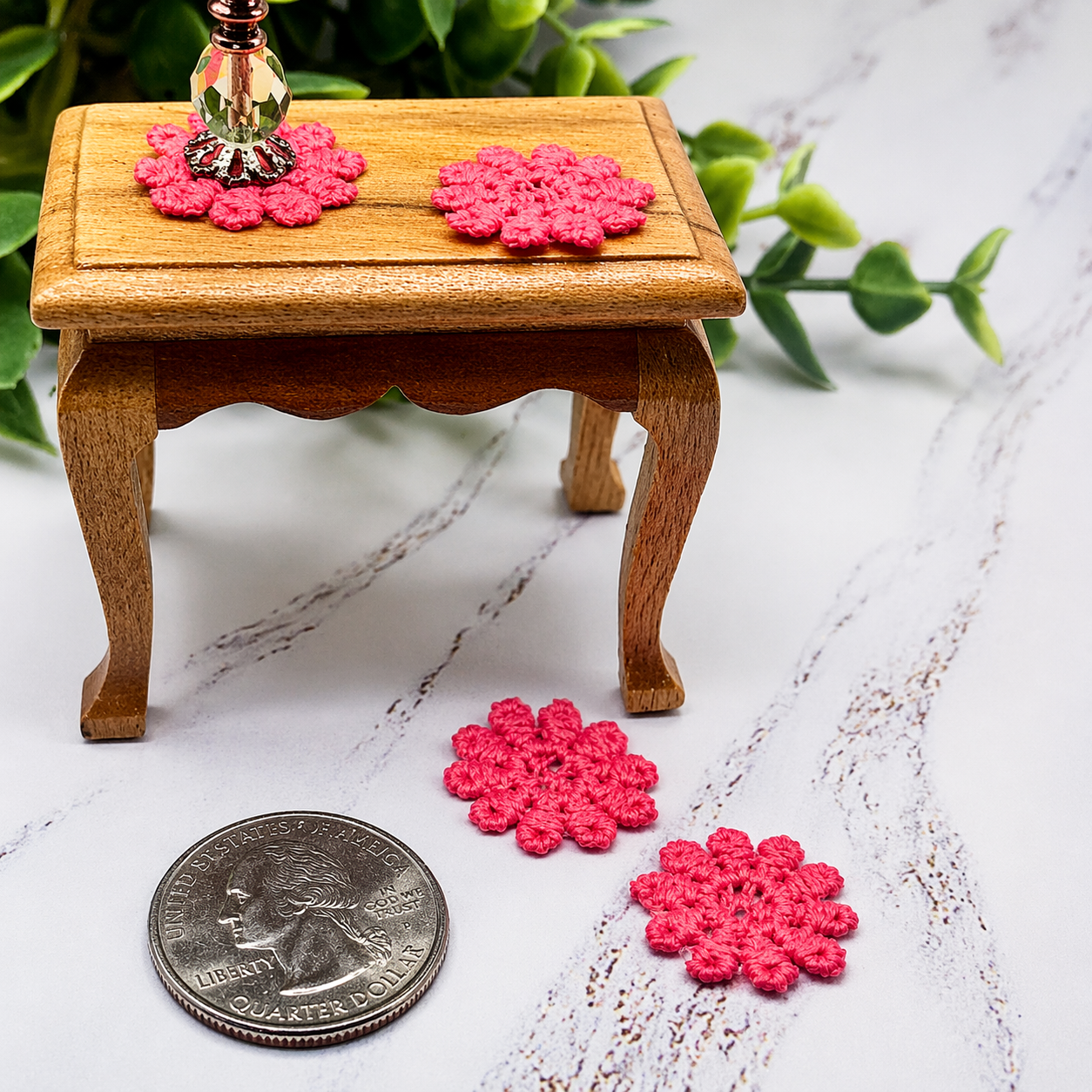 Set Of Six Pink Crochet Fabric Doilies Doily • Dollhouse Miniature Decor