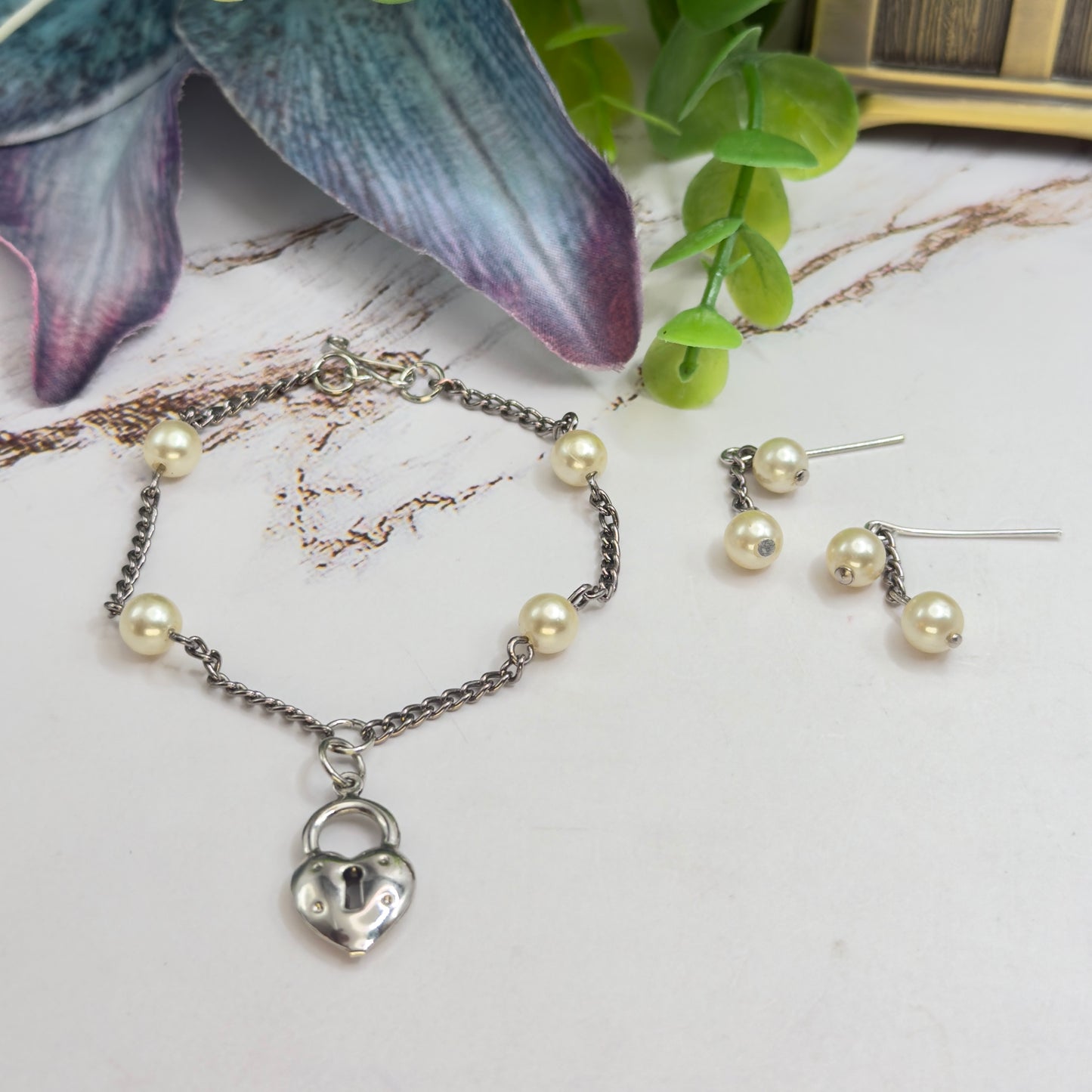 Silver Heart Lock Charm Pearl Bead Silver Chain Doll Necklace • 18 Inch Fashion Doll Jewelry