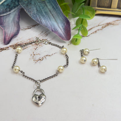 Silver Heart Lock Charm Pearl Bead Silver Chain Doll Necklace • 18 Inch Fashion Doll Jewelry