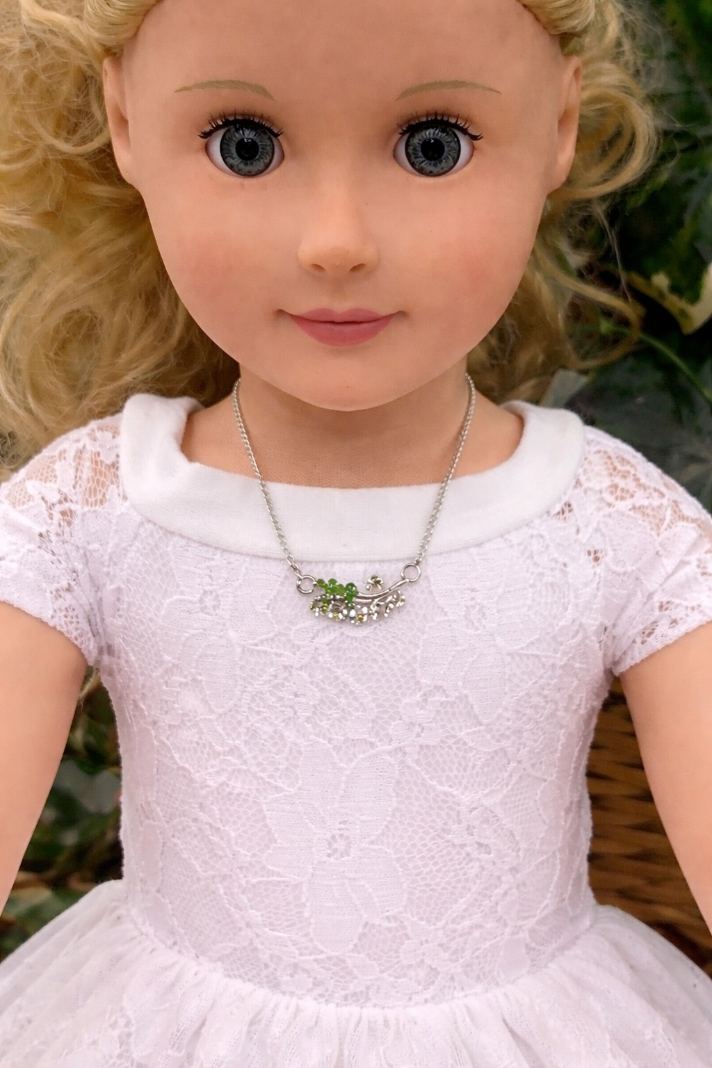 Clear Green Rhinestone Leaf Flower Pendant Gold Doll Necklace • 18” Doll Jewelry