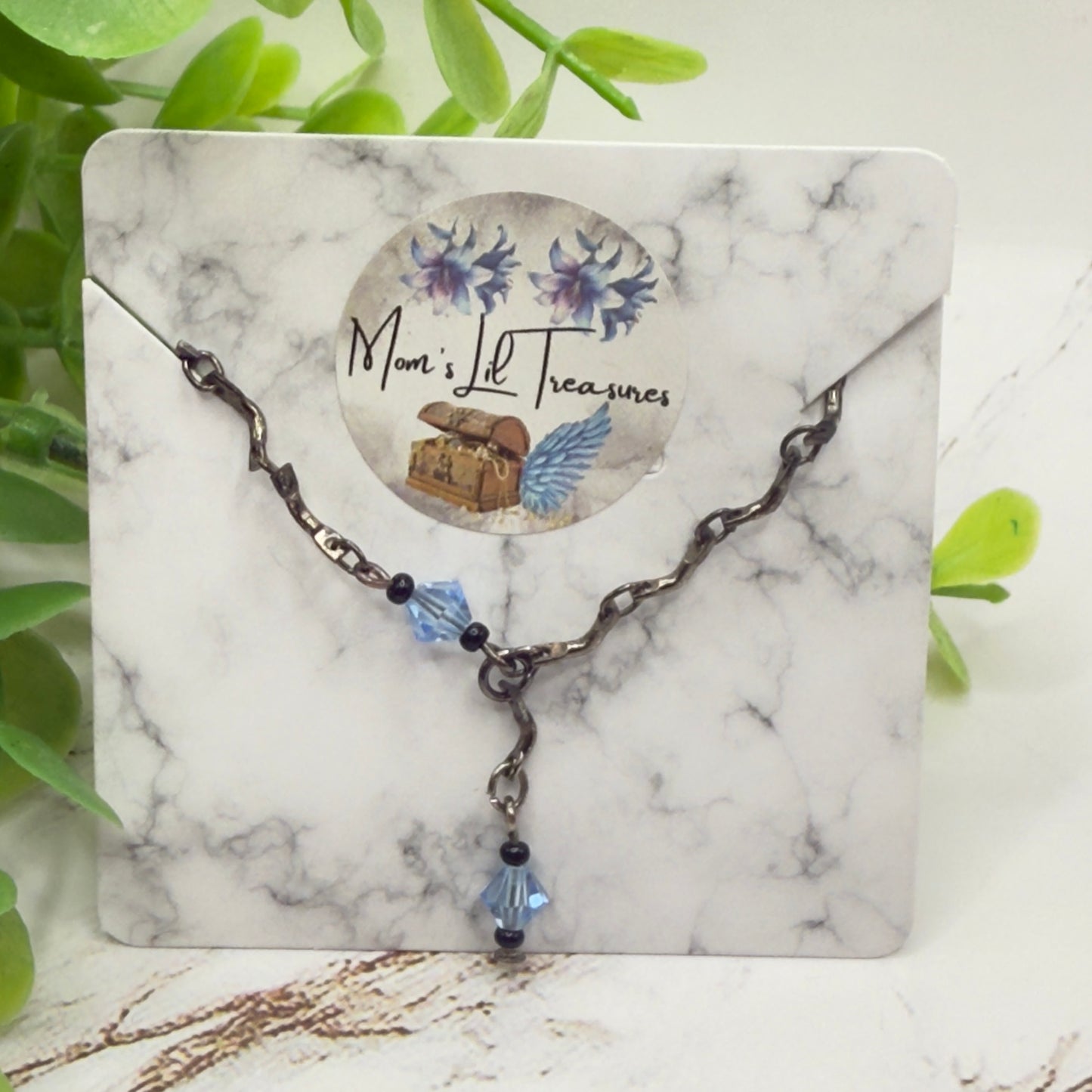 Blue Glass Crystal Gunmetal Silver Curved Link Doll Necklace • 16 Inch Fashion Doll Jewelry