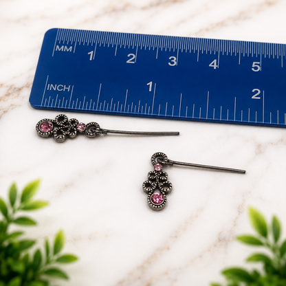 Pink Rhinestone Gun Metal Design Doll Necklace Earring Set • 18” Doll Jewelry