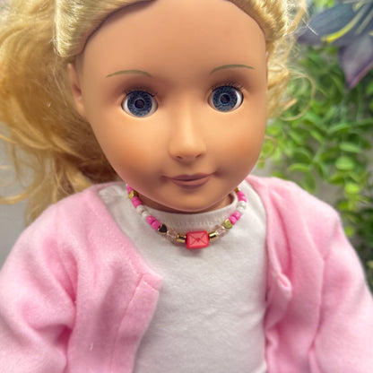 Love Letter Charm Pink White Gold Beaded Valentine’s Day Doll Necklace • 18 Inch Fashion Doll Jewelry