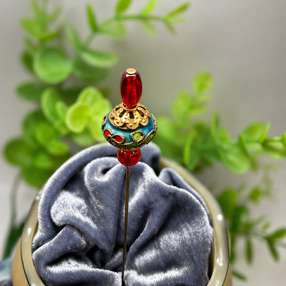 Red Lucite Blue Green Cloisonné Floral Design Gold Filigree Hatpin • 6 Inch