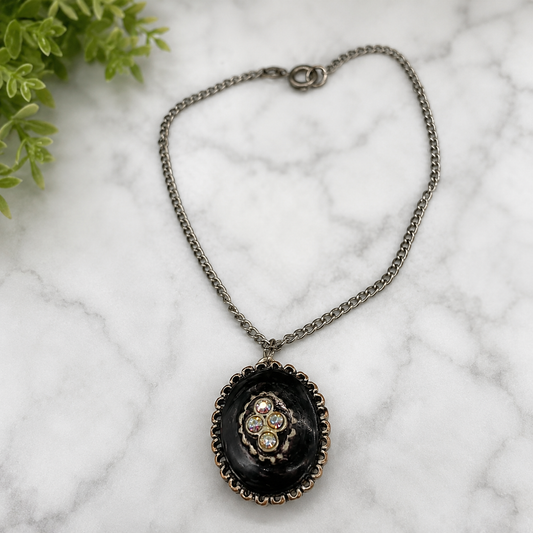 Oval Black Locket Rhinestone Detail Doll Necklace • 18 Inch Fashion Doll Jewelry