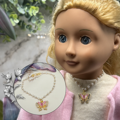 Purple White Butterfly Gold Charm Pearl Beaded Doll Necklace • 18 Inch Fashion Doll Jewelry