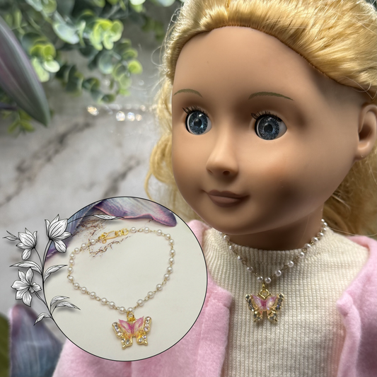 Purple White Butterfly Gold Charm Pearl Beaded Doll Necklace • 18 Inch Fashion Doll Jewelry