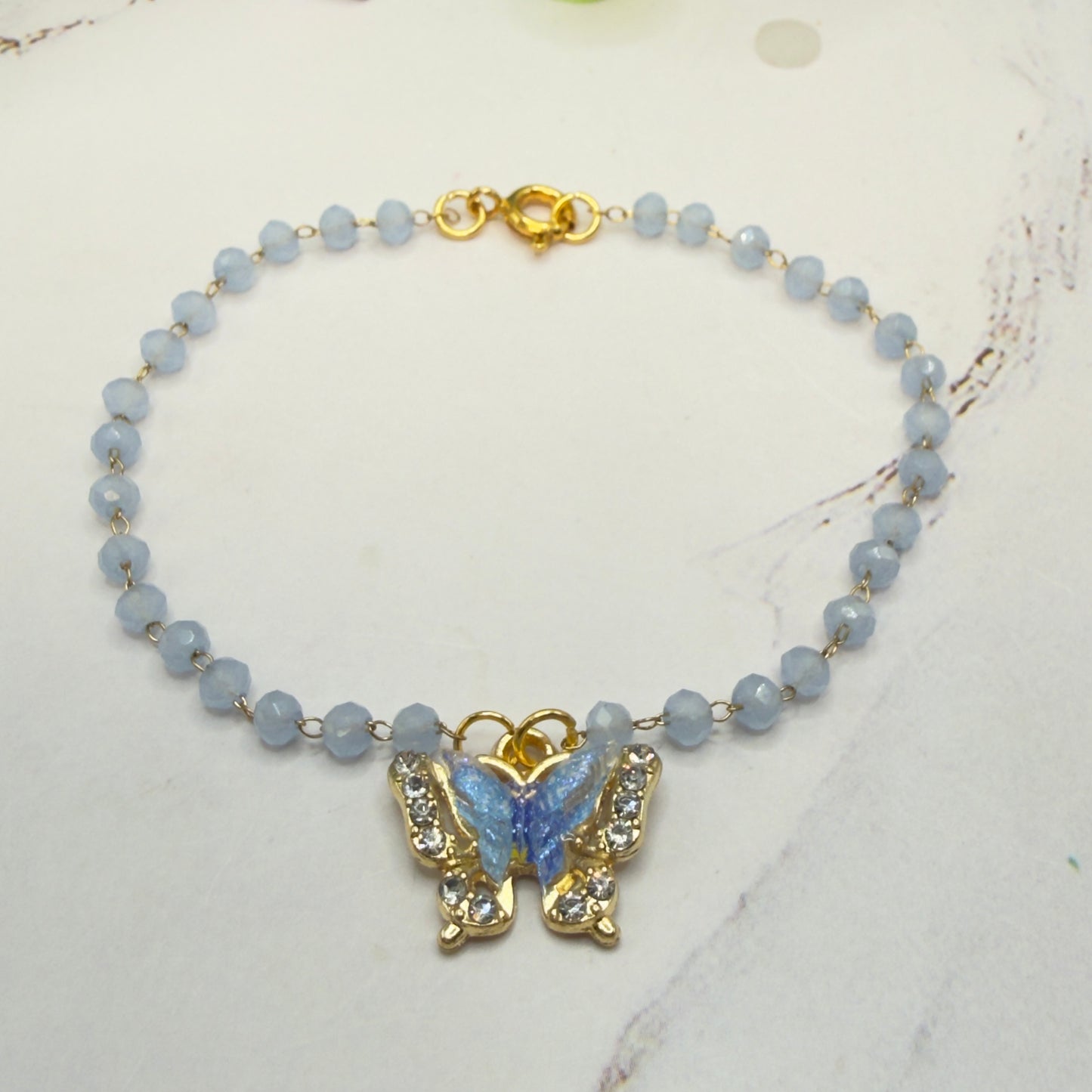 Blue Butterfly Rhinestone Accent Pendant Blue Glass Beaded Doll Necklace • 18 Inch Fashion Doll Jewelry