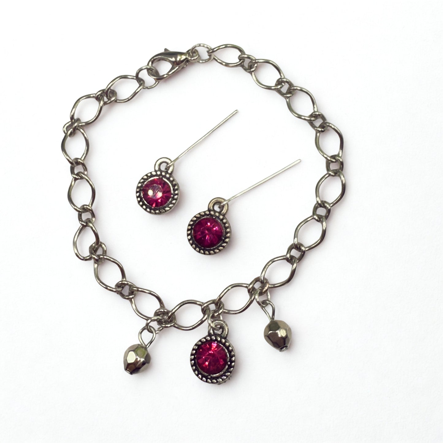 Dark Pink Rhinestone Large Silver Link Necklace & Earrings Set • 18 Inch Fashion Doll Jewelry