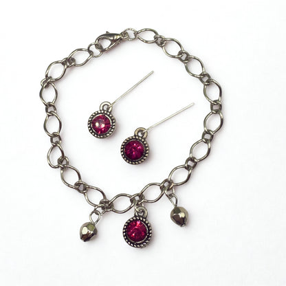 Dark Pink Rhinestone Large Silver Link Necklace & Earrings Set • 18 Inch Fashion Doll Jewelry