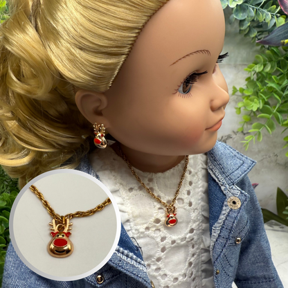 Copper Rose Gold Tone Rudolph Red Nose Reindeer Doll Necklace & Earrings Set • 18 Inch Fashion Doll Jewelry