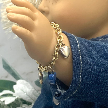 Blue Glass Gold Heart Charm Doll Bracelet • 18 Inch Fashion Doll Jewelry
