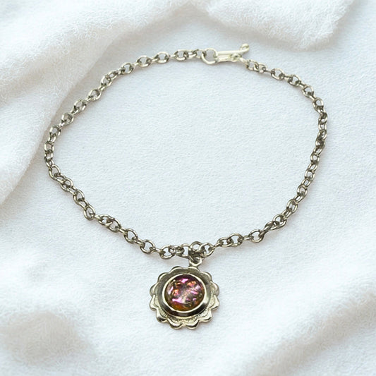 Iridescent Purple Blue Round Flower Design Charm Silver Doll Necklace • 18 Inch Fashion Doll Jewelry