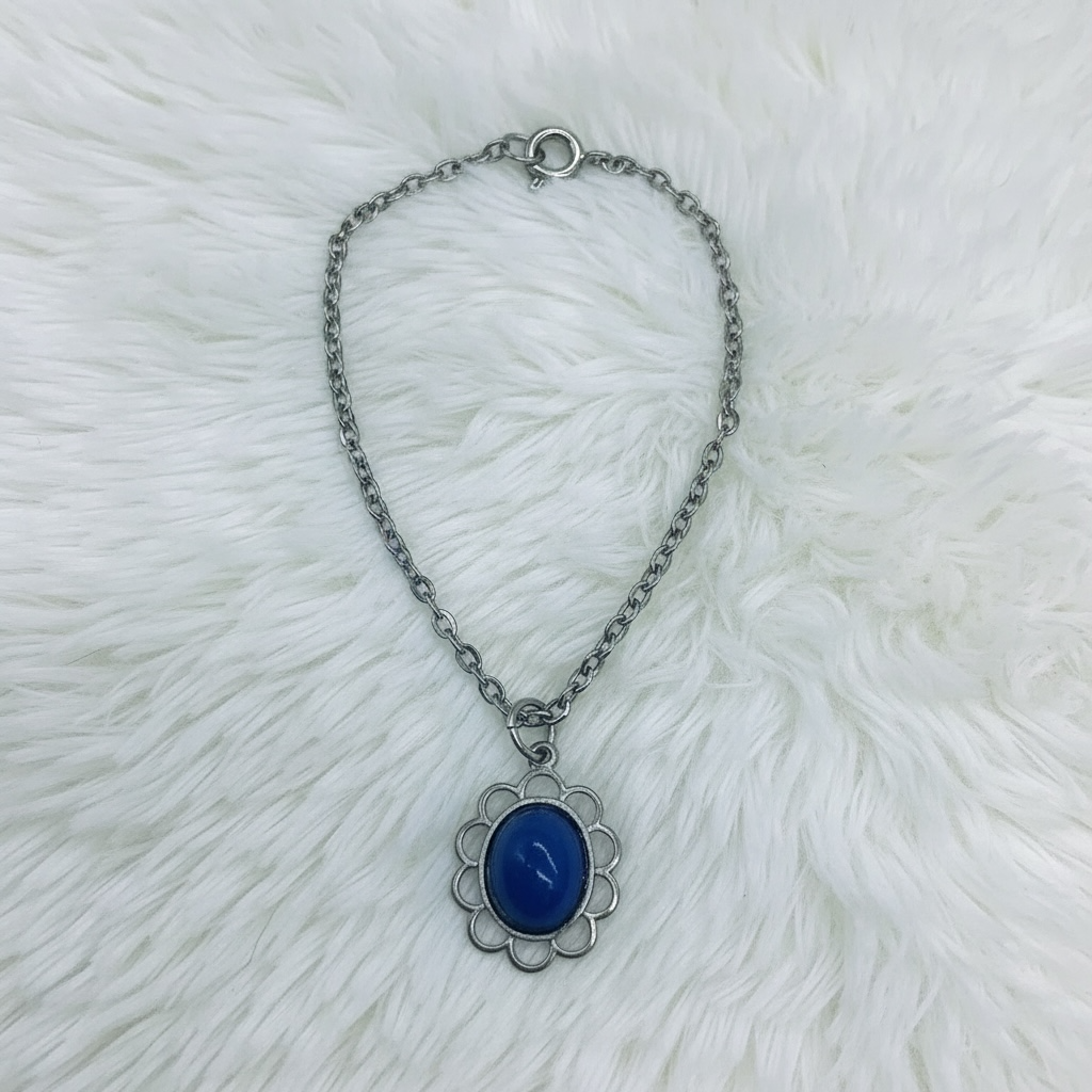 Oval Dark Blue Silver Filigree Pendant Doll Necklace • 18” Fashion Doll Jewelry