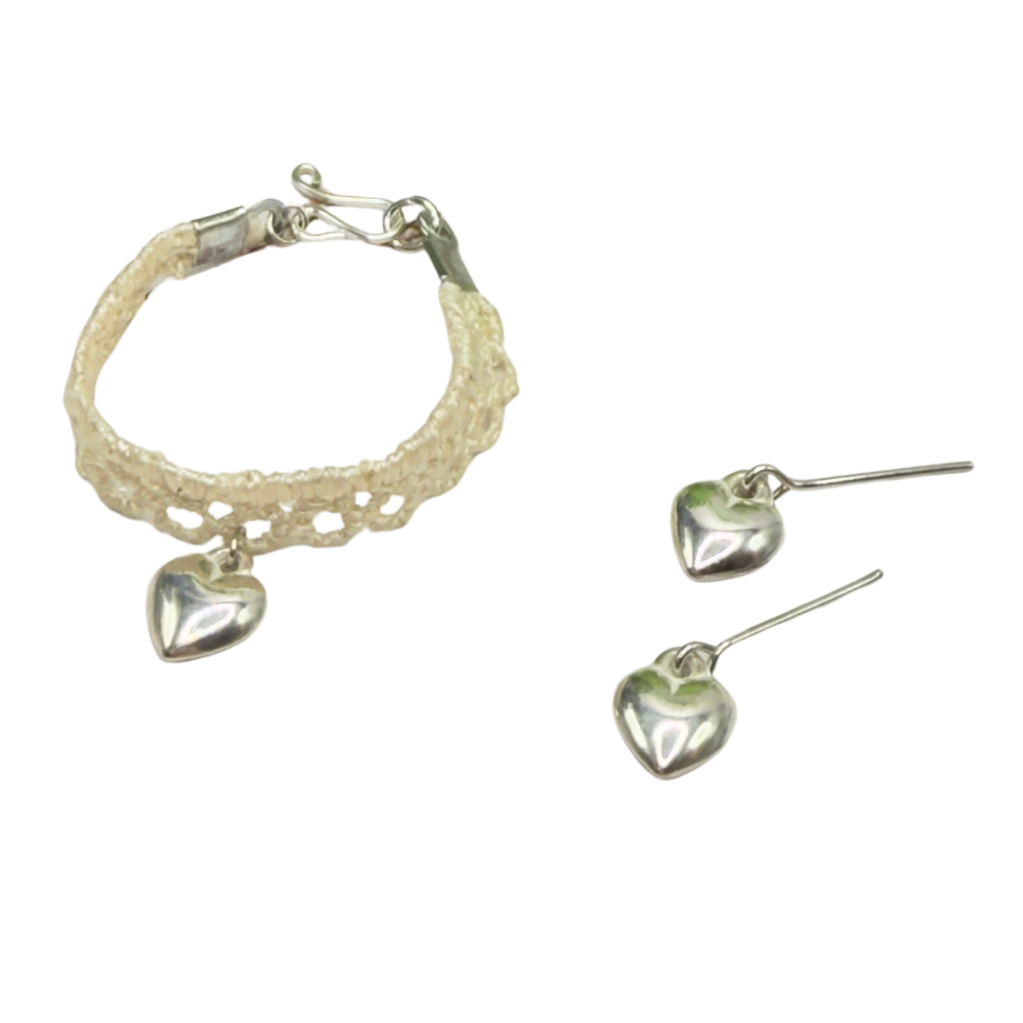 Beige Lace Choker Silver Heart Charm Doll Necklace & Earrings Set • 14 Inch Fashion Doll Jewelry