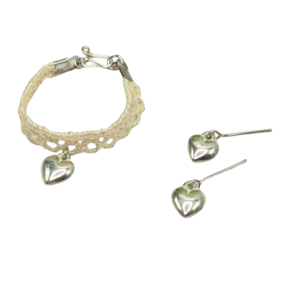 Beige Lace Choker Silver Heart Charm Doll Necklace & Earrings Set • 14 Inch Fashion Doll Jewelry